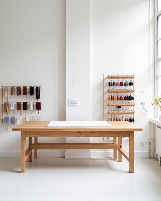 The minimalist interior of Bauhousa atelier showing clean white walls and organized fabric spools